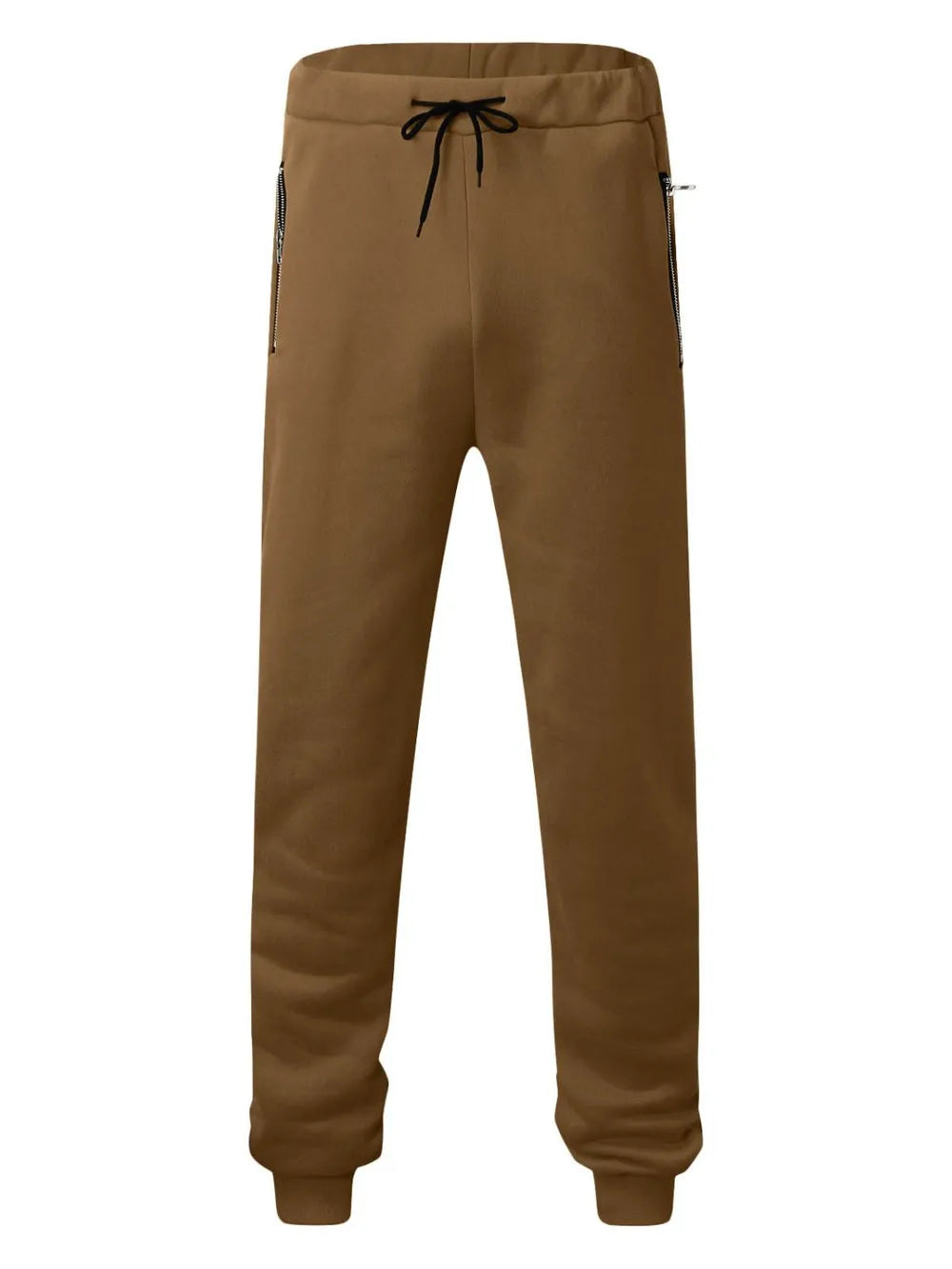 Brown fleece joggers with drawstring waist and zip pockets