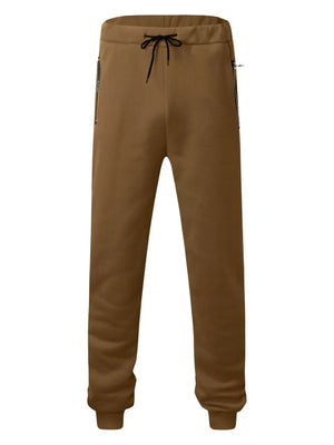 Brown fleece joggers with drawstring waist and zip pockets