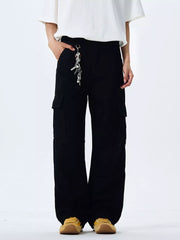 Black 100% cotton wide-leg cargo pants with a keychain detail.