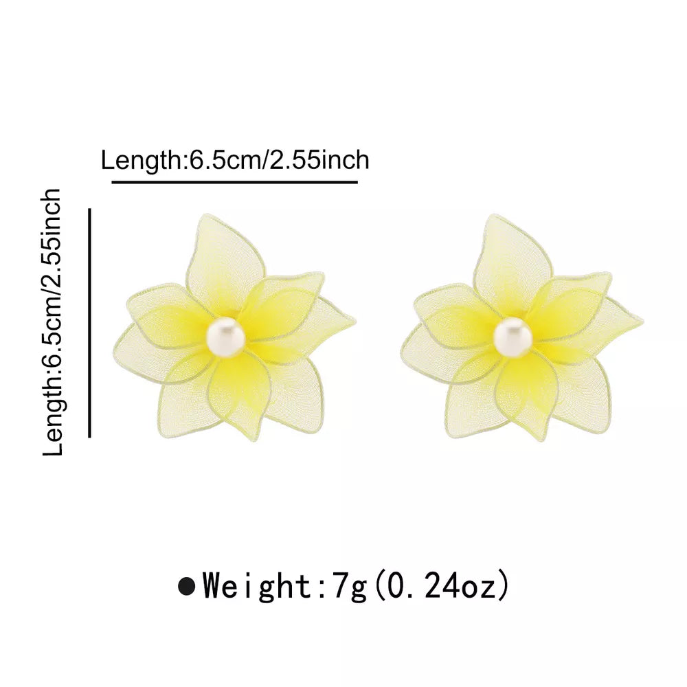 Yellow floral pearl stud earrings with sheer petals and alloy base.