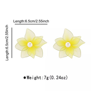 Yellow floral pearl stud earrings with sheer petals and alloy base.