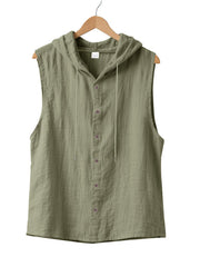 Men's sleeveless hooded shirt in Military Green cotton with button front and drawstring hood.