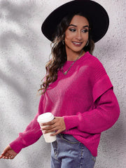 Cerise ruffled sleeve ribbed knit pullover sweater with crew neck.