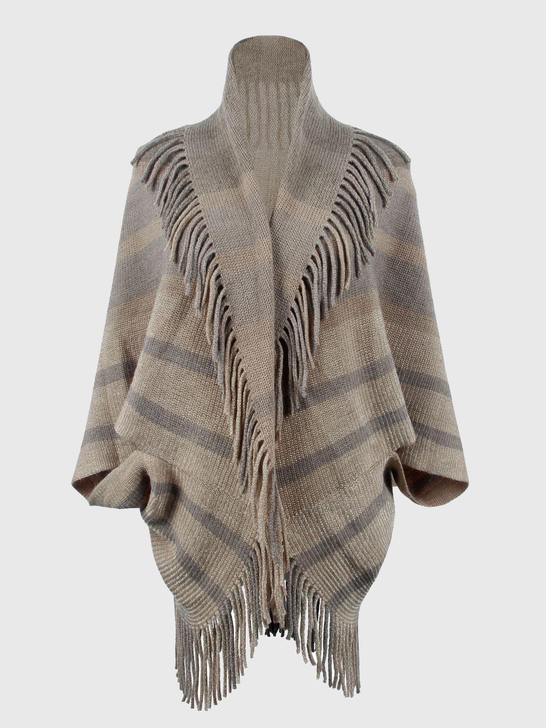 Textured fringe capelet in Khaki with grey stripes and a high collar.