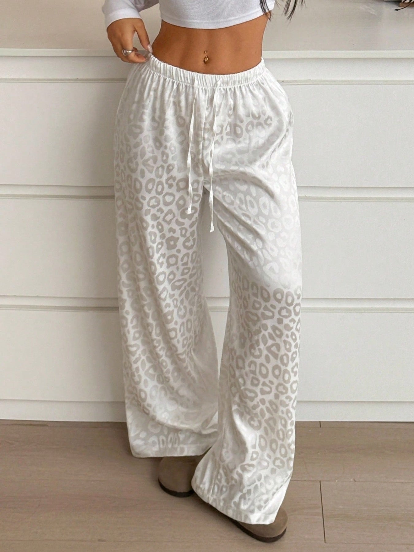 Wide leg leopard print loungewear pants with drawstring waist