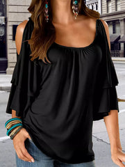 Black t-shirt with gathered neckline and ruffled cold shoulder sleeves.