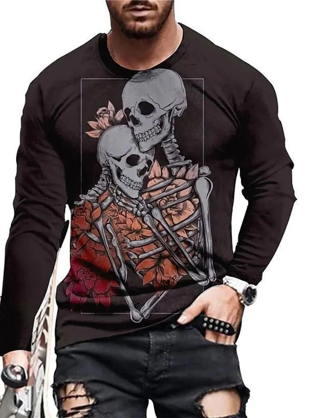 Men's Skeleton Embrace Long Sleeve T-shirt Plus Size in Chartreuse, front view
