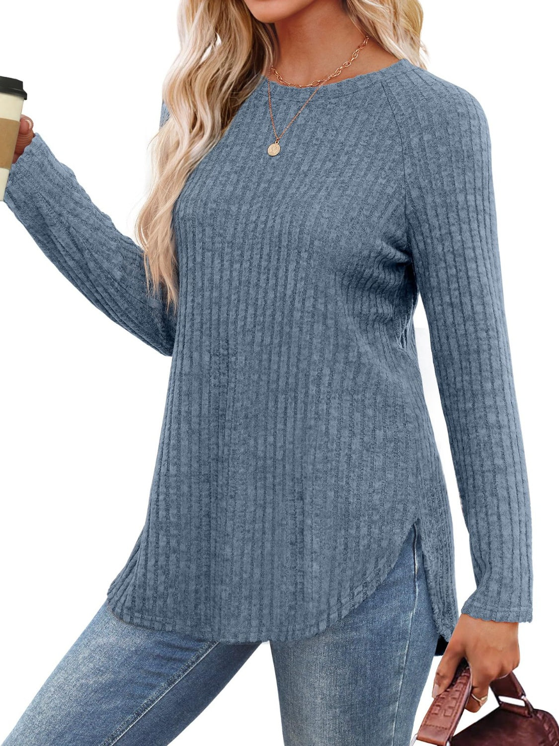 Dusty Blue ribbed knit sweater with raglan sleeves and asymmetric hem detail