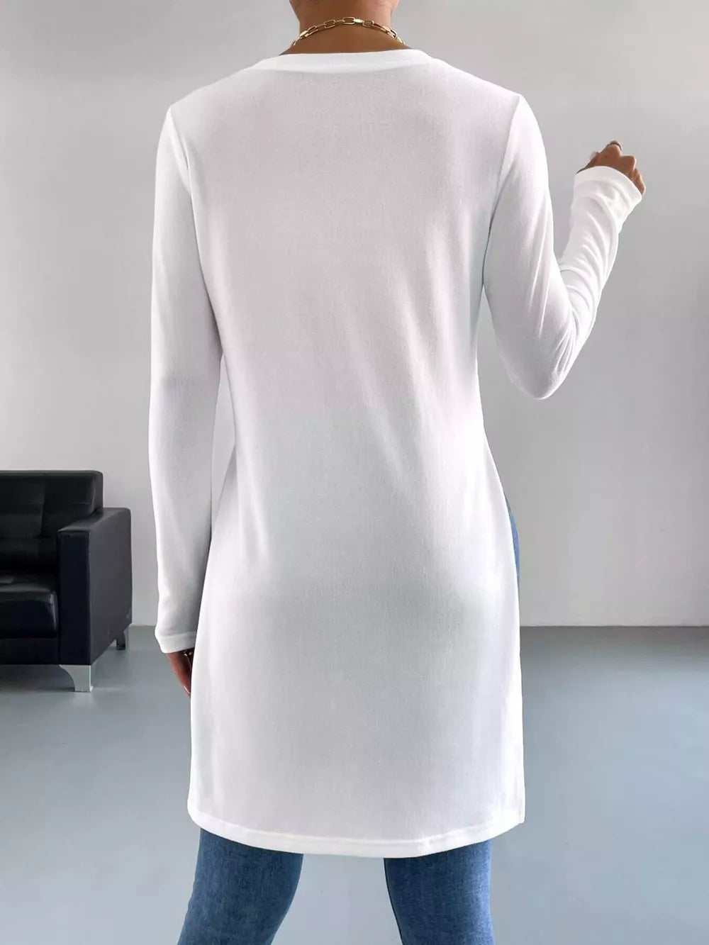 Long Sleeve Side Slit T-shirt in White, close-up detail