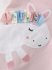 Pink striped cotton toddler top with a white unicorn applique and fabric mane.