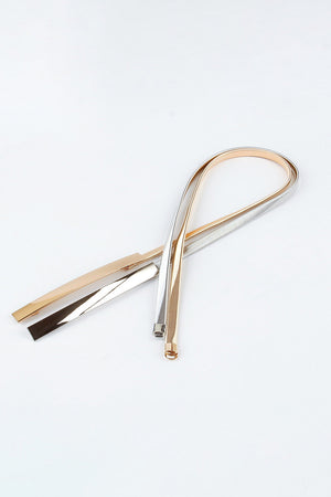Slimline gold and silver tone metal belts with adjustable buckle closure