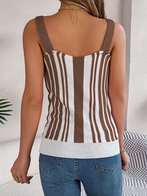 Crochet stripe tank top in mocha and white with a sweetheart neckline and button front detail.