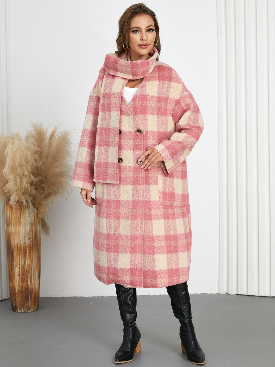 Pink and cream plaid cocoon coat and scarf set with double button closure and pockets