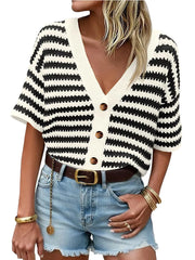 Cropped button-down knit cardigan with black and white stripes and a V-neck.