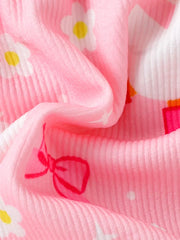 Children's Bow Duck Print Romper With Headband in Pink, back view
