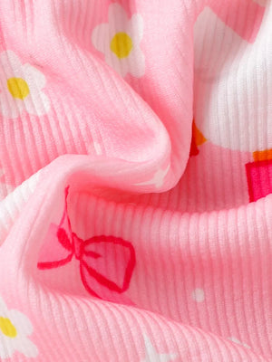 Children's Bow Duck Print Romper With Headband in Pink, back view