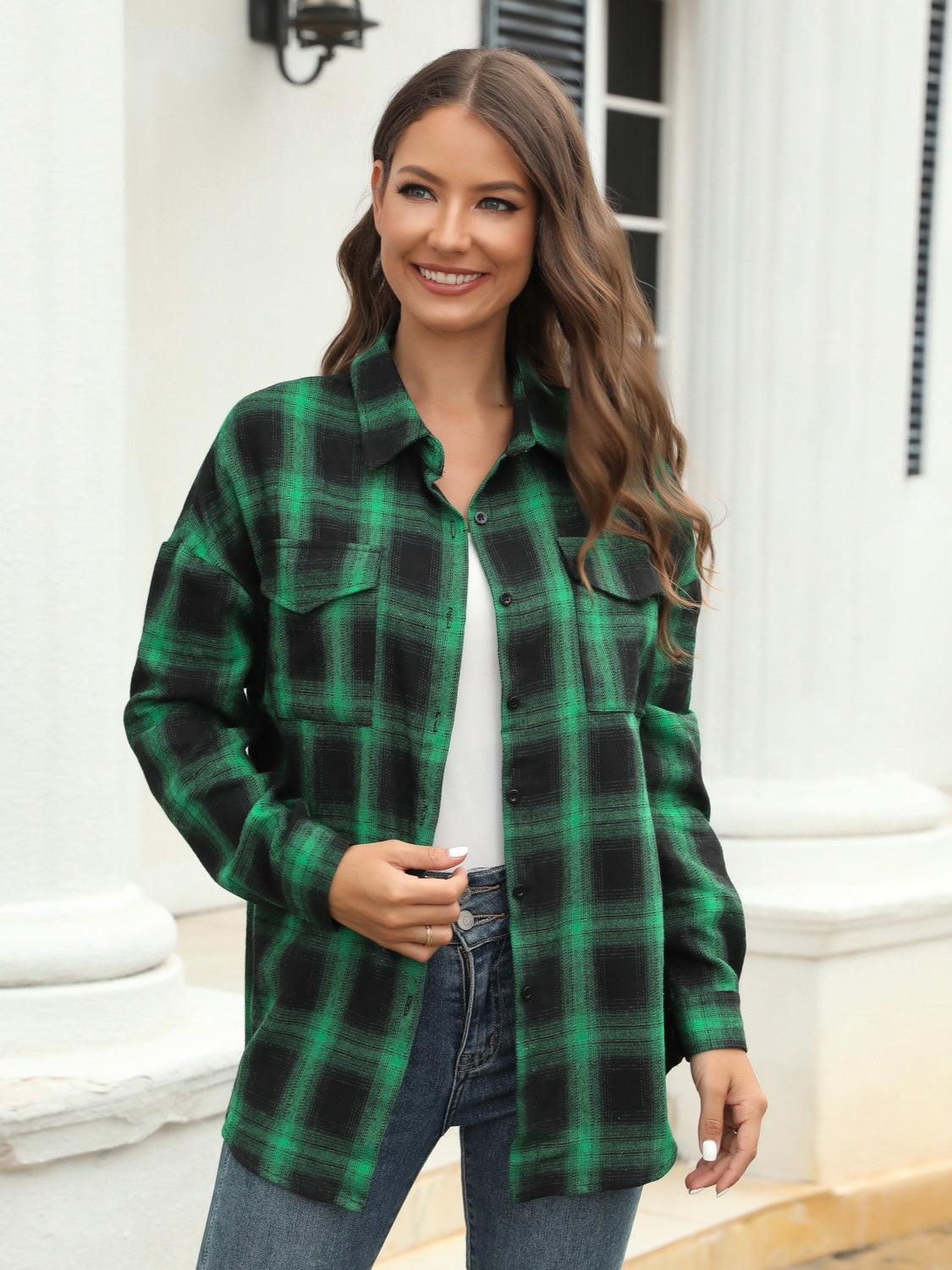Plaid Perfection Pocket Shirt in dark green and black plaid, button-up with chest pockets.