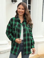 Plaid Perfection Pocket Shirt in dark green and black plaid, button-up with chest pockets.