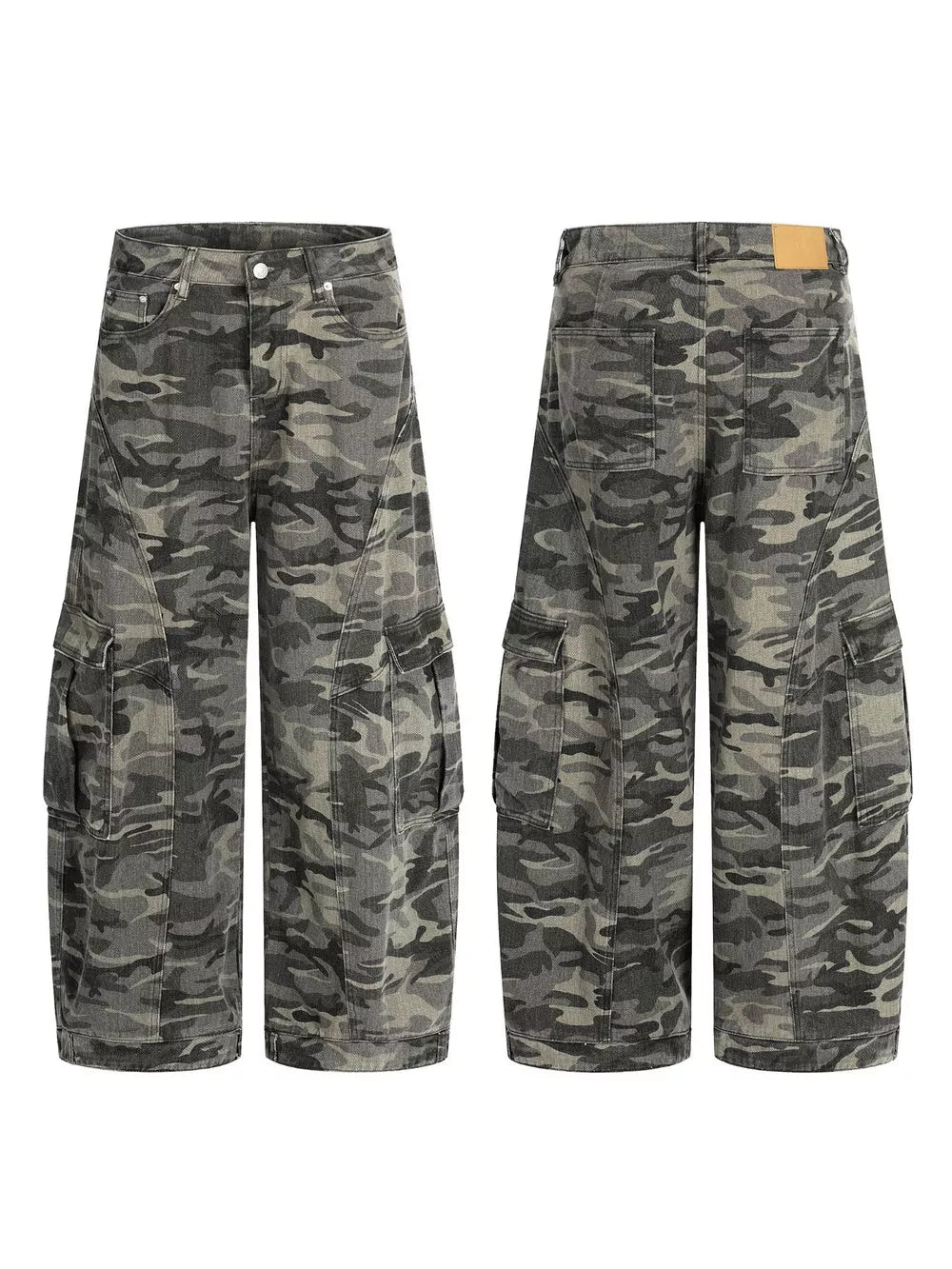 Men's grey camouflage cotton cargo pants with multiple pockets and a relaxed fit.