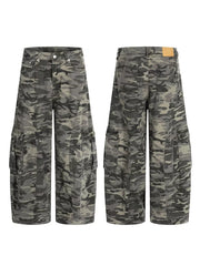 Men's grey camouflage cotton cargo pants with multiple pockets and a relaxed fit.