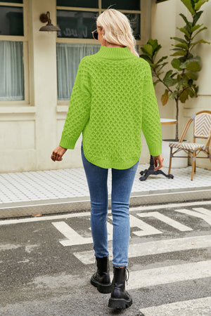 Mid Green textured diamond knit mock neck pullover sweater with long sleeves.