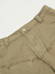 Khaki utility pleated wide-leg trousers with cargo pockets and button closure.