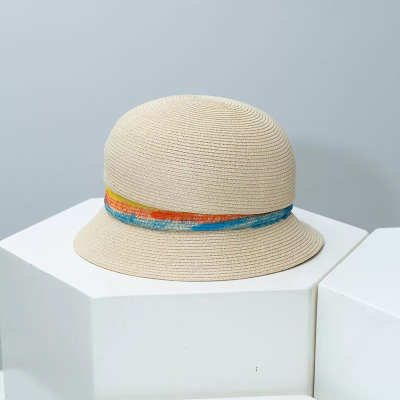 Beige straw cloche hat with colorful band detail