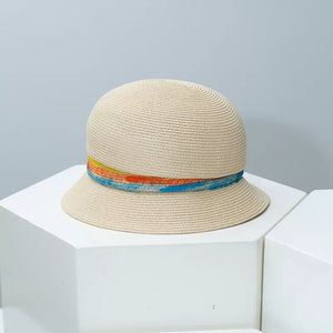 Beige straw cloche hat with colorful band detail