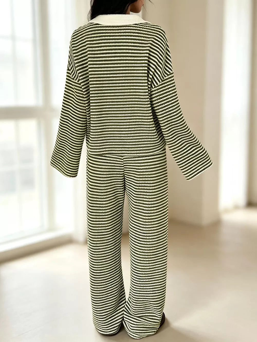 Striped Long Sleeve Polo And Wide-leg Pants Set in Green, view 13