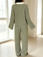 Striped Long Sleeve Polo And Wide-leg Pants Set in Green, view 13