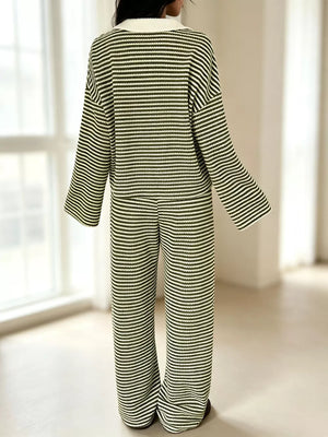Striped Long Sleeve Polo And Wide-leg Pants Set in Green, view 13