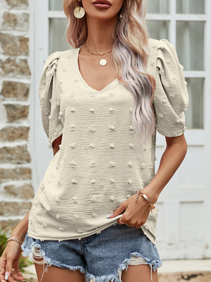 Beige textured dotty puff sleeve blouse with V-neck