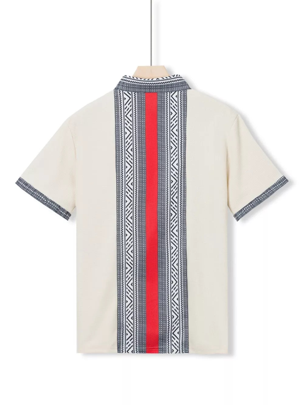 Men's short sleeve shirt in Khaki with bold geometric print stripe down the back and on sleeves.