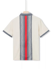 Men's short sleeve shirt in Khaki with bold geometric print stripe down the back and on sleeves.