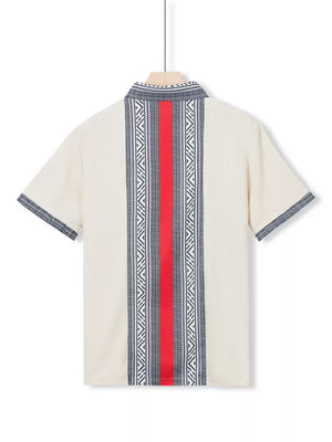 Men's short sleeve shirt in Khaki with bold geometric print stripe down the back and on sleeves.