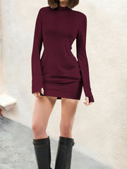 Burgundy turtleneck mini dress with long sleeves and pockets, worn with black boots.