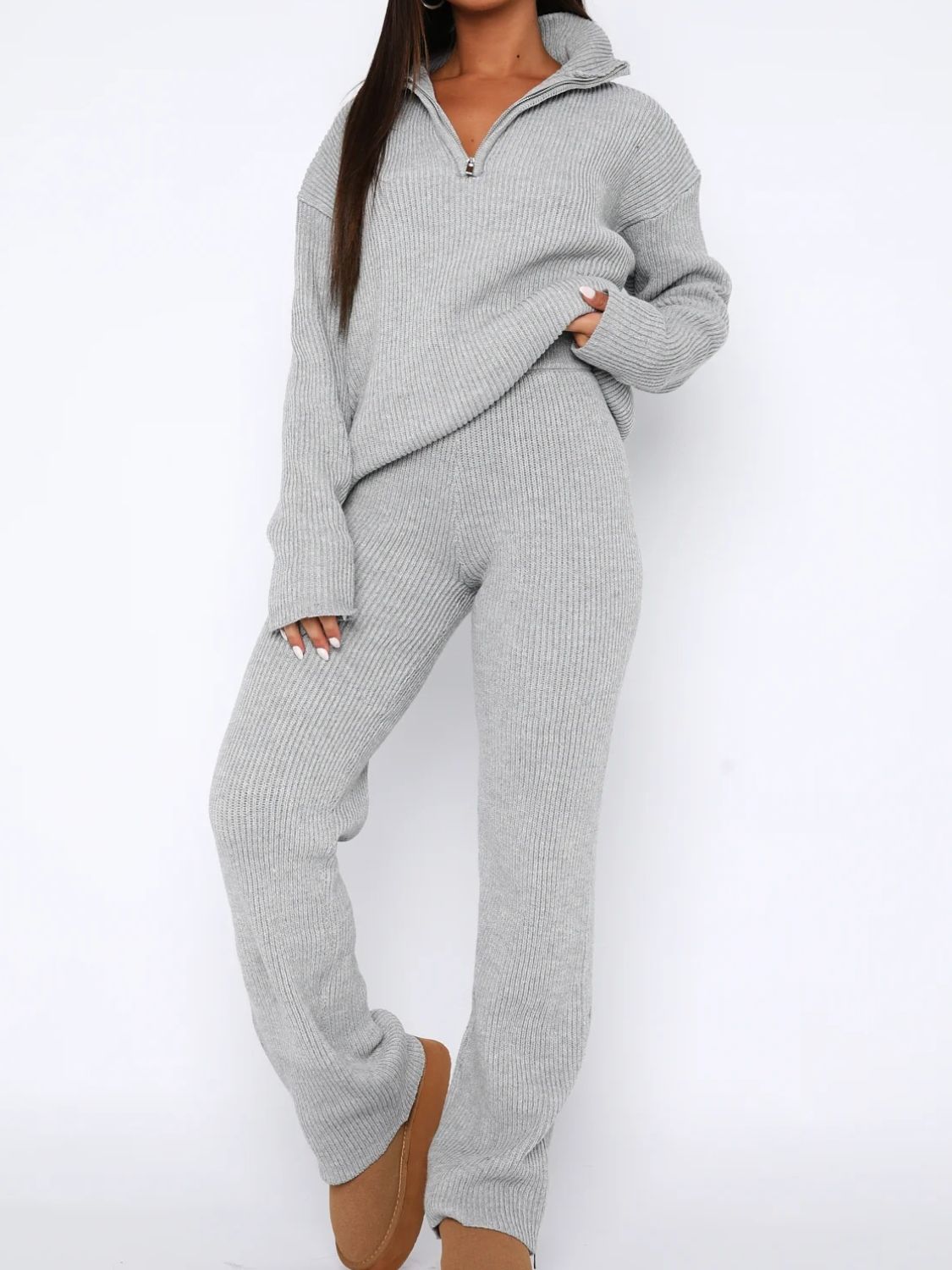 Gray ribbed knit quarter-zip lounge set with relaxed fit pants and a collared sweater.
