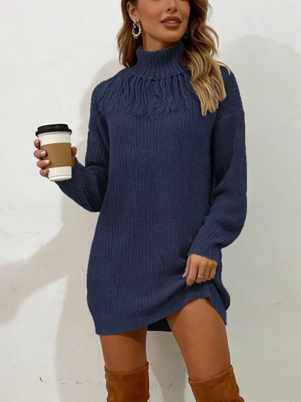 Full Size Turtleneck Fringe Sweater Dress in Burgundy, side view