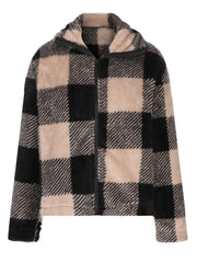Fluffy plaid zip-up shacket in tan and black with a fuzzy texture and collared neckline.