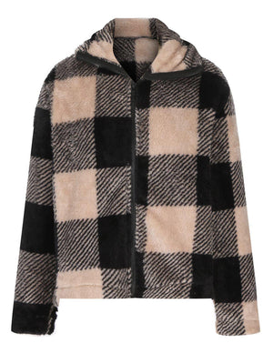 Fluffy plaid zip-up shacket in tan and black with a fuzzy texture and collared neckline.