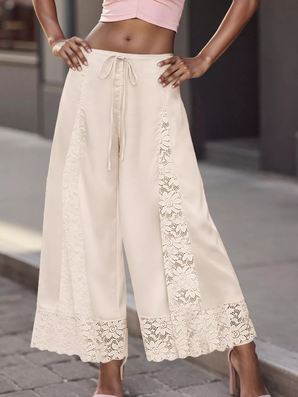 Lace Trim Wide-leg Cropped Pants in White, view 11