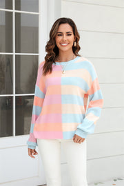 Pastel block stripe crewneck pullover sweater in acrylic with crew neck and long sleeves.