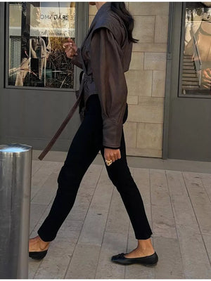 Belted Leather Jacket With Shawl Collar in Dark Brown, back view