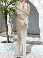 White open-knit maxi cover-up dress with long sleeves and a relaxed fit.