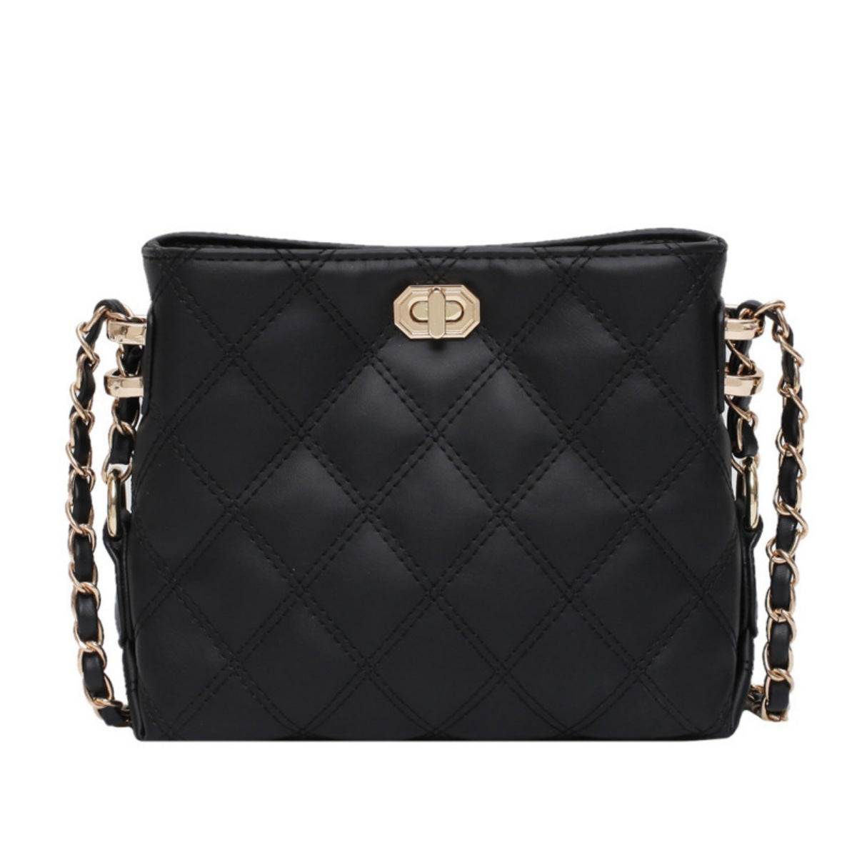 Black quilted crossbody bag with diamond pattern and gold chain strap