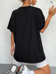 Black polyester t-shirt with a relaxed fit and short sleeves, shown from the back.