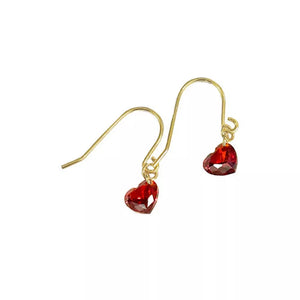 Dainty red heart-shaped zircon drop earrings with gold hooks.