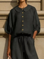 Black button-down top with Peter Pan collar and drawstring pants set