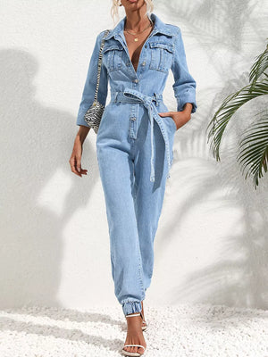 Button Front Belt Denim Jumpsuit, model styling view