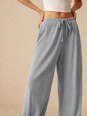 Gray ribbed cotton palazzo lounge trousers with drawstring waist